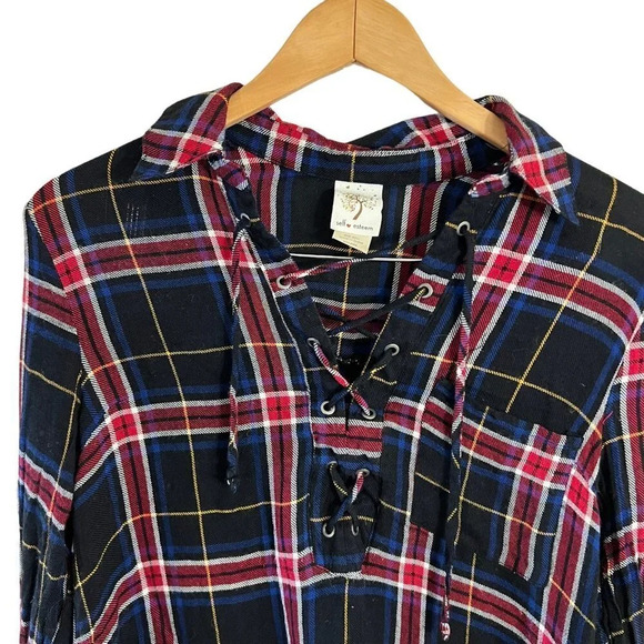 Self Esteem Plaid Blouse Size XL Lace Up Chest Collared Multicolor Long Sleeves - Picture 3 of 4